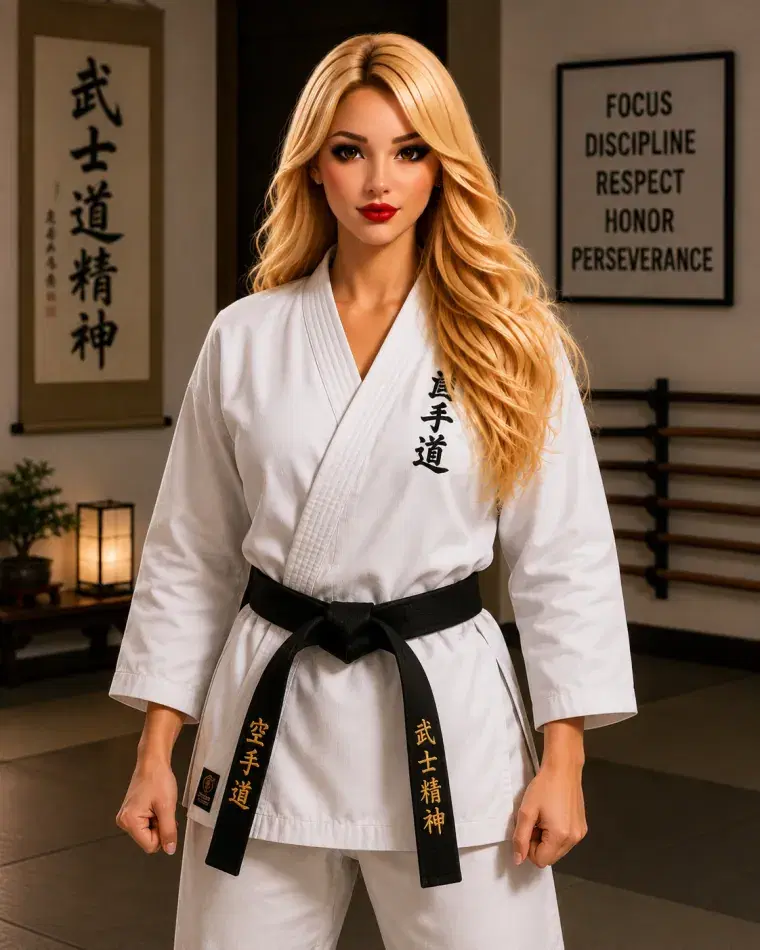 Sierra in a white karate gi with a black belt in a dojo