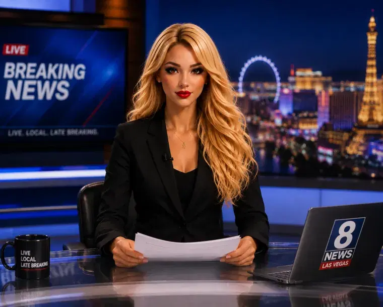 Sierra at a news desk in a broadcast studio