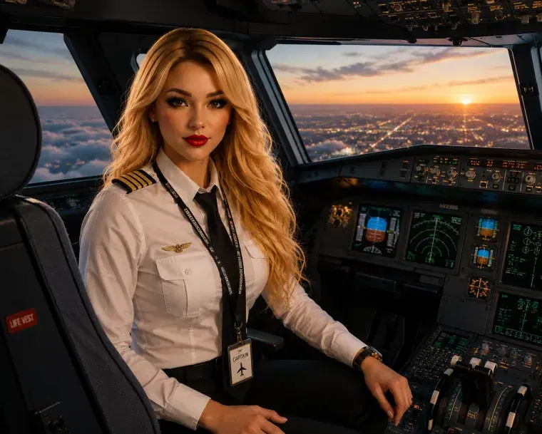 Sierra in a captain's uniform in an airliner cockpit
